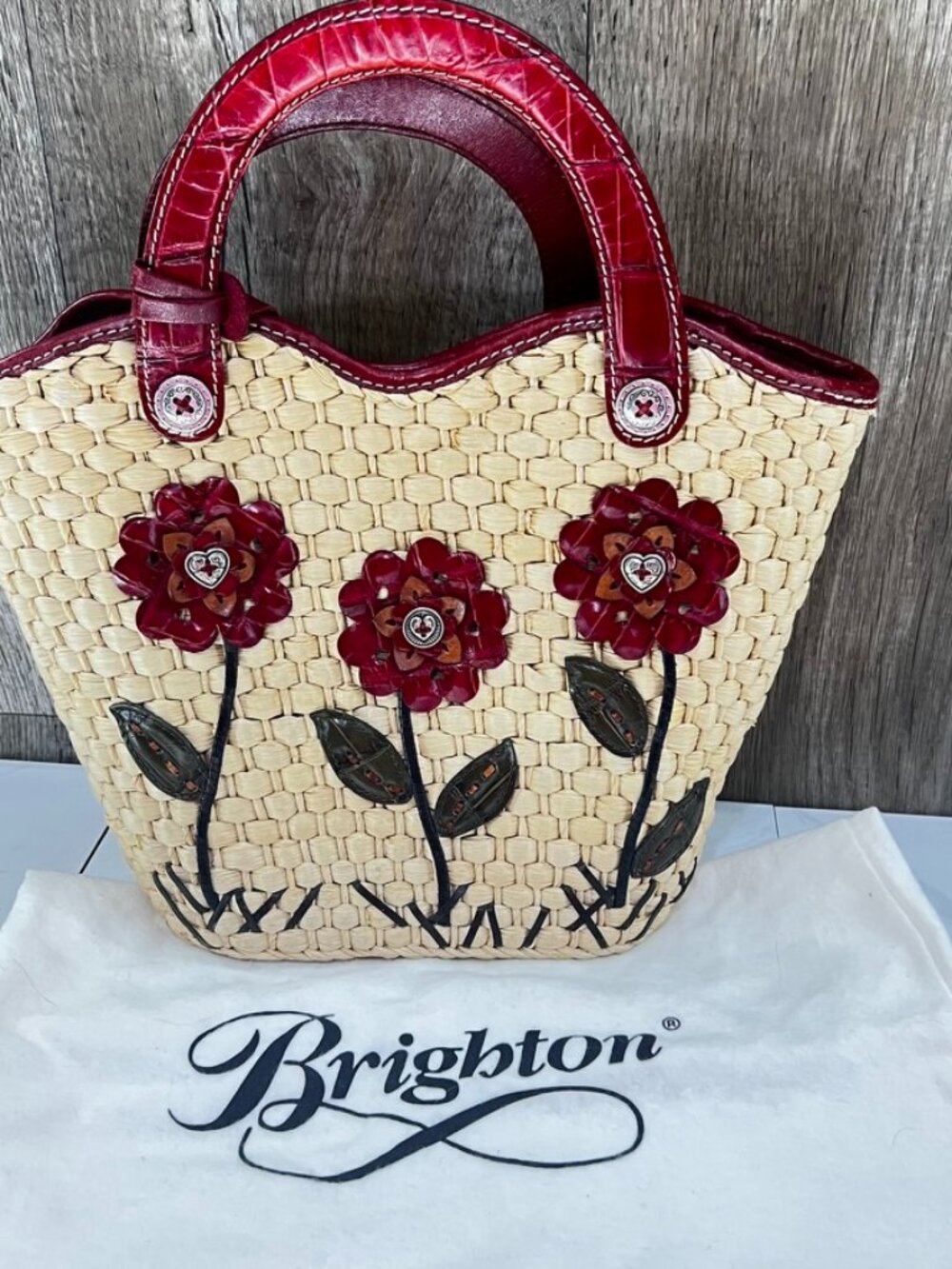 Brighton Beverly Straw Floral Deep Red Leather Handbag/Tote Bag Like New